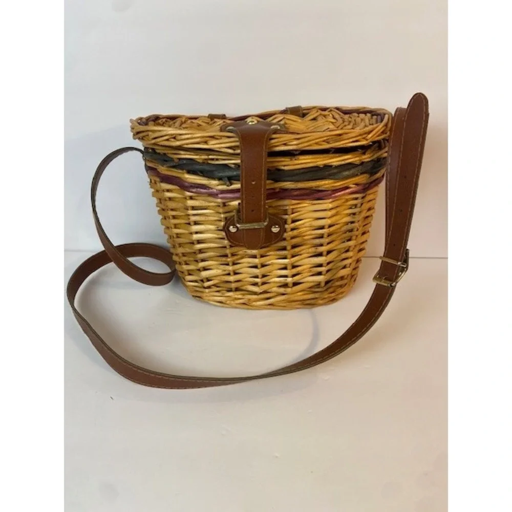 Vintage Wicker Basket Crossbody Bag Woven Picnic Purse Green Purple Accents